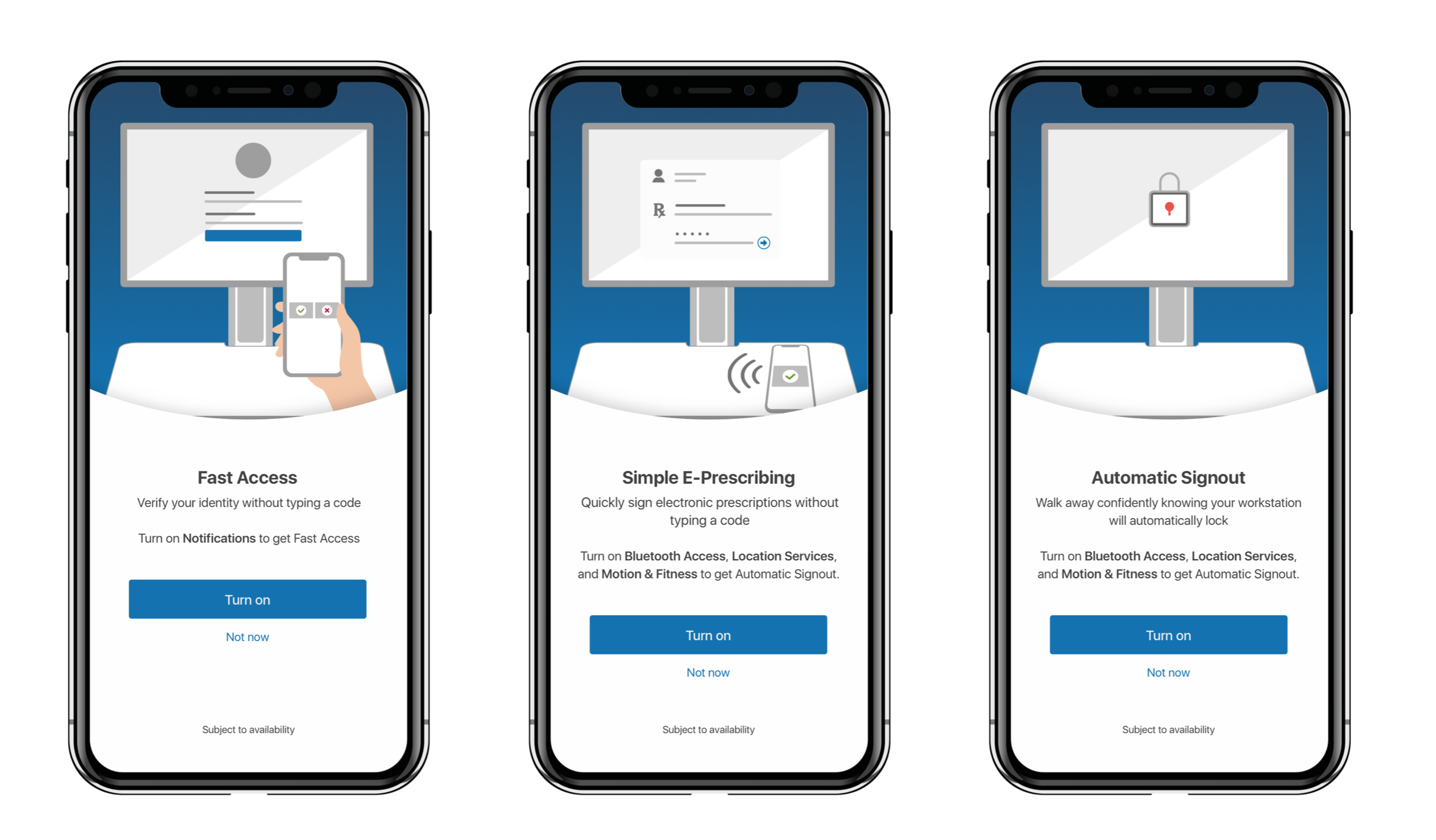 Imprivata ID iOS onboarding screens showing Fast Access, Simple E-Prescribing, and Automatic Signout features